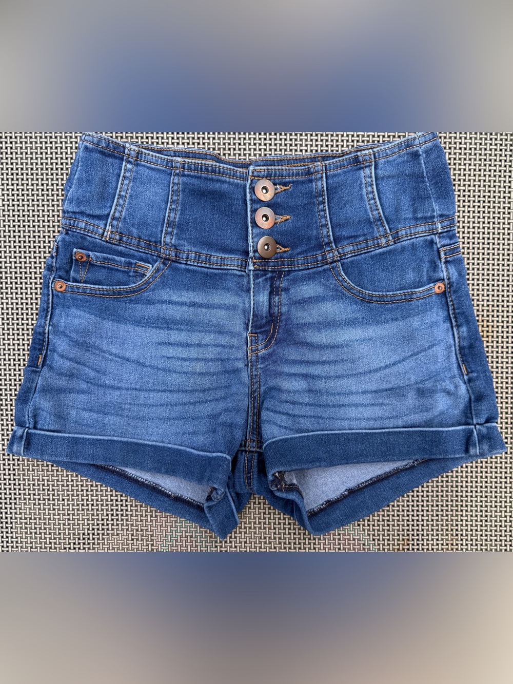 No Boundaries Dark Blue High-Rise Denim Shorts with Button Fly